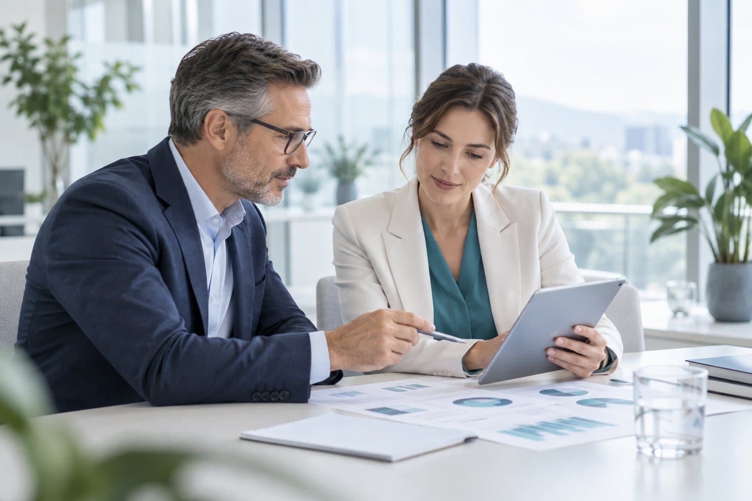 Two colleagues reviewing documents together in a bright office