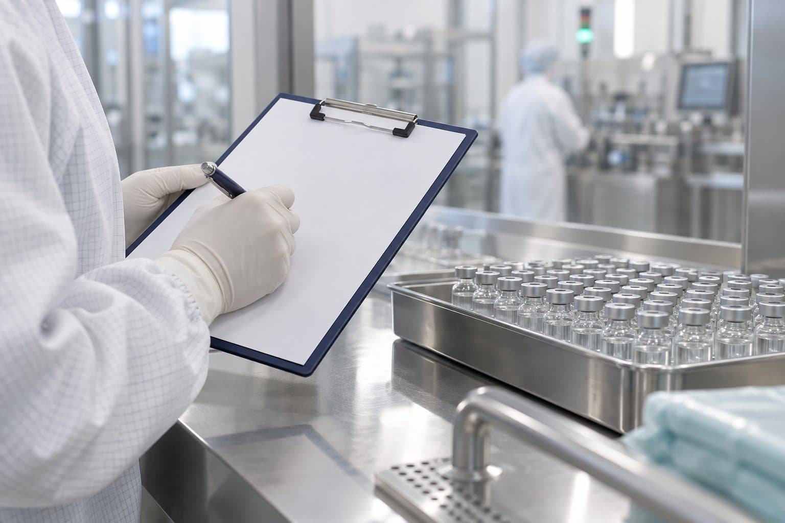 Gloved hands checking a batch record beside a tray of sealed vials
